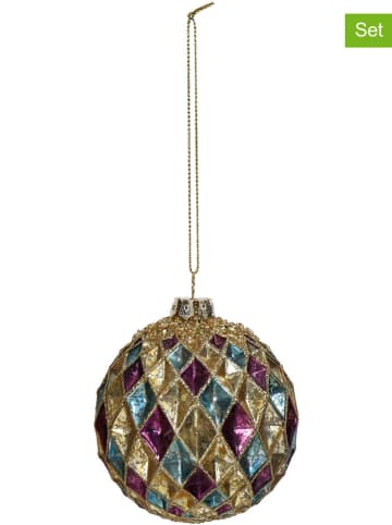 Kersten 2-delige set: kerstballen goudkleurig/paars/cyaan - Ø 8 cm