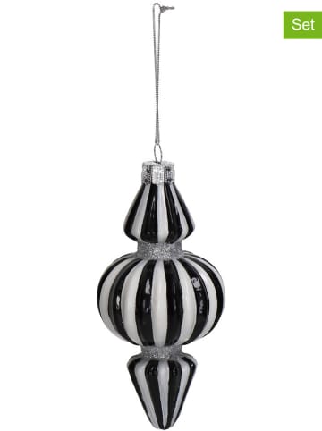 Kersten 2-delige set: kerstballen "Stripe" zwart/wit - (H)15 cm
