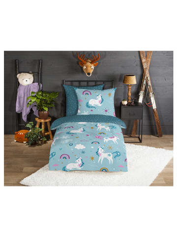 Good Morning Flanellen beddengoedset "Snowycorn" blauw