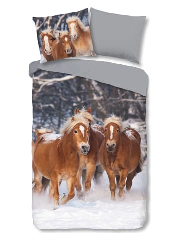 Good Morning Flanellen beddengoedset "Happy Horses" grijs/lichtbruin