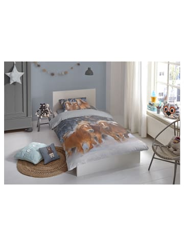 Good Morning Flanellen beddengoedset "Happy Horses" grijs/lichtbruin