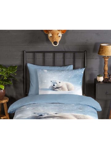 Good Morning Flanellen beddengoedset "Esben" lichtblauw/wit