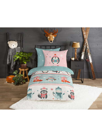 Good Morning Flanellen beddengoedset "Turr" turquoise/lichtroze