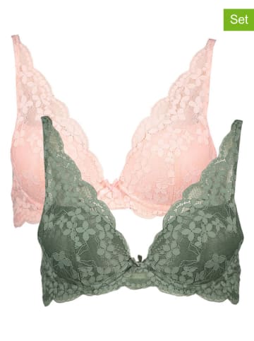 Petit Fleur 2-delige set: push-up beha's kaki/lichtroze