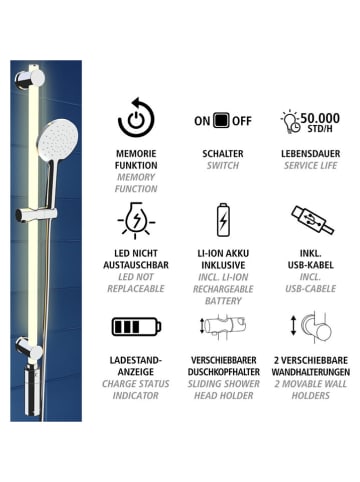 Wenko 3-częściowy zestaw prysznicowy LED w kolorze srebrnym - dł. 94 cm