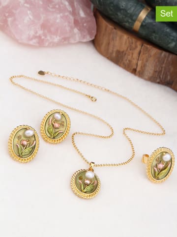 Pierres de Jade 3tlg. Schmuckset: Halskette, Ohrstecker und Ring