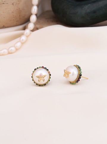 Pierres de Jade Vergold. Ohrstecker mit Perlen und Edelsteinen