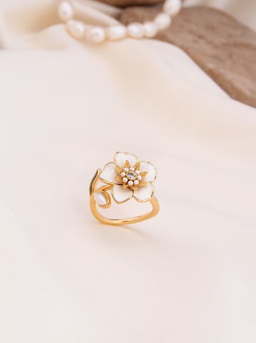 Pierres de Jade Vergold. Ring mit Perlen, Perlmutt und Edelsteinen