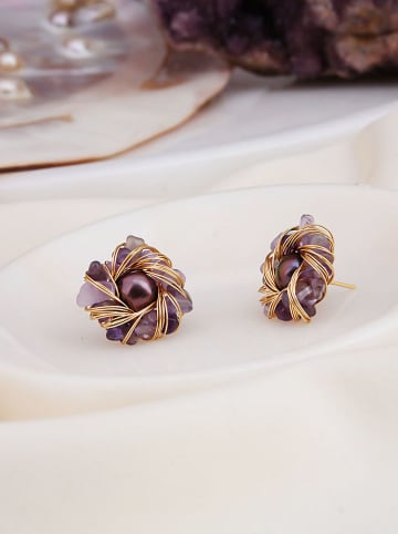 Pierres de Jade Pozłacane kolczyki-wkrętki z perłami i ametystami