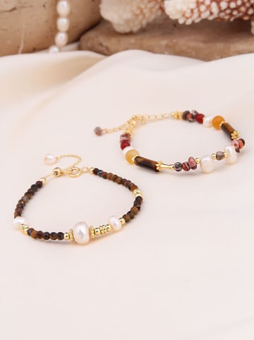 Pierres de Jade 2-delige set: vergulde armbanden met parels en edelstenen