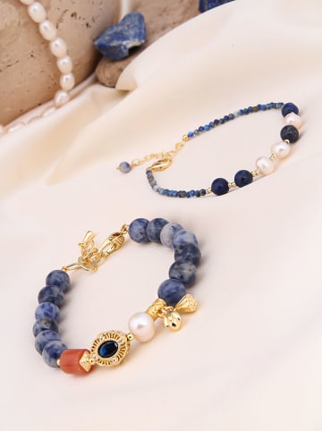 Pierres de Jade 2er-Set: Vergold. Armketten mit Perlen und Edelsteinen