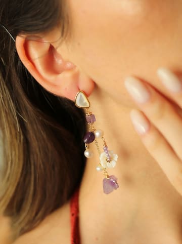 Pierres de Jade Pozłacane kolczyki-wkrętki z perłami i ametystami