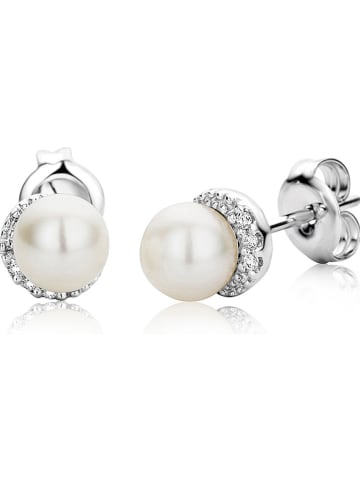 Revoni Witgouden oorstekers met diamanten en zoetwaterkweekparels