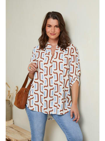 Curvy Lady Bluse in Weiß/ Braun/ Hellblau