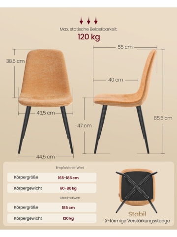 Songmics 4er-Set: Esszimmerstühle in Hellbraun - (B)44,5 x (H)85,5 x (T)55 cm