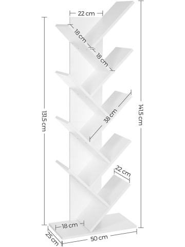 Songmics Bücherregal in Weiß - (B)50 x (H)141,5 x (T)25 cm