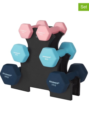 Songmics 7tlg. Set: Hanteln mit Stander in Rosa/ Hellblau/ Dunkelblau