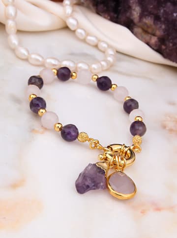 L'Atelier de Gaia Pozłacana bransoletka z kwarcem i ametystem