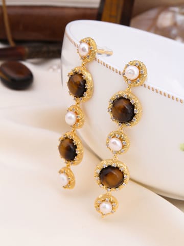 L'Atelier de Gaia Pozłacane kolczyki-wkrętki z perłami i tygrysim okiem