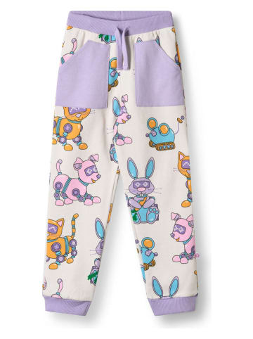 Småfolk Sweatbroek "Robothuisdieren" wit/paars