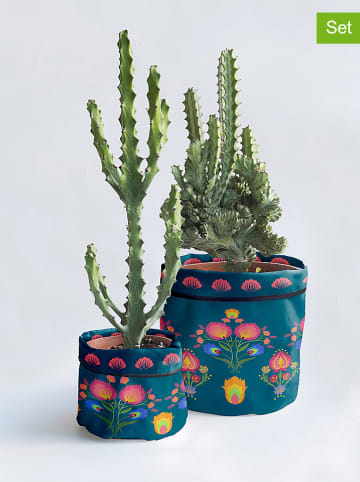 Madre Selva 2-delige set: bloempotovertrekken "Crisantemo" blauw