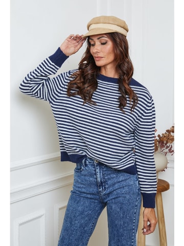 So Cachemire Trui "Dweg" donkerblauw/wit