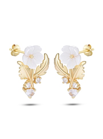 Les Petites Précieuses Pozłacane kolczyki-wkrętki z masą perłowa i cyrkoniami