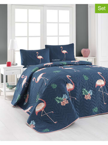 Colorful Cotton 3-delige bedspreiset "Big Filamin" donkerblauw/roze