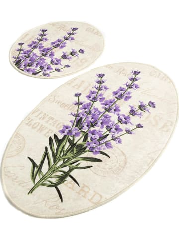 Colourful Cotton Dywaniki łazienkowe (2 szt.) "Lavender" w kolorze kremowo-fioletowym