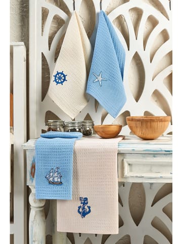 Colourful Cotton 6-delige set: theedoeken "Marin" crème/lichtblauw/lichtroze