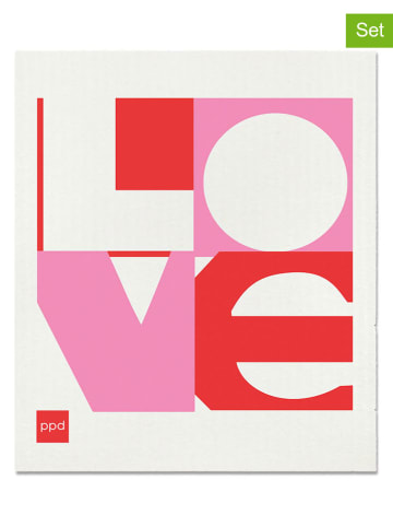 ppd 2er-Set: Schwammtücher "Love" in Creme/ Rosa/ Rot - (L)20 x (B)17 cm