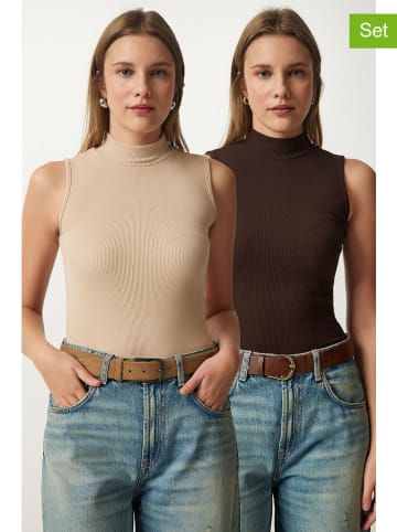 Happiness Istanbul 2er-Set: Tops in Beige/ Braun