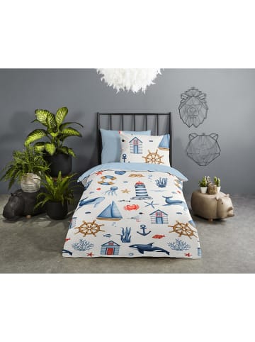 Good Morning Beddengoedset "Ahoy" wit/lichtblauw