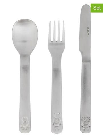 OYOY mini 3-częściowy zestaw sztućców "We Love Animals" w kolorze srebrnym