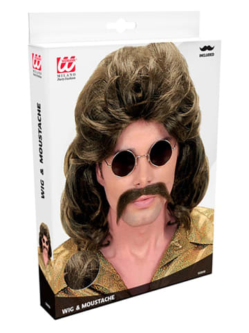 Carnival Party 2-delige set: pruik en snor-baard "Jaren 70" bruin