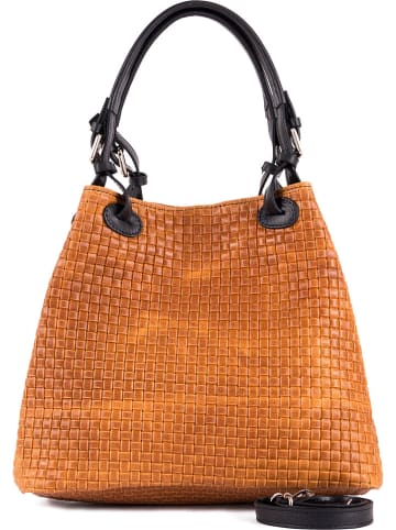 Lia Biassoni Leren schoudertas "Basentello" lichtbruin/zwart - (B)34 x (H)29 x (D)21 cm