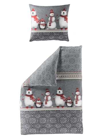 Bierbaum Biber-Bettwäsche-Set in Grau/ Weiß/ Rot
