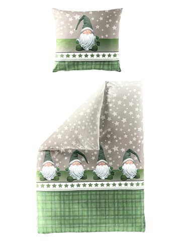 Bierbaum Komplet pościeli flanelowej w kolorze zielono-beżowym