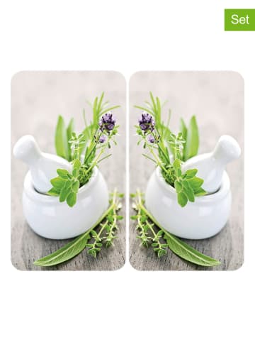 Wenko 2er-Set: Herdabdeckplatten "Herb Garden" in Beige/ Grün - (L)30 x (B)52 cm 