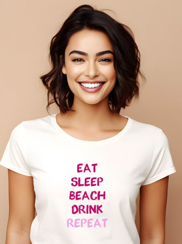 WOOOP Shirt "Eat sleep beach drink repeat" wit/roze
