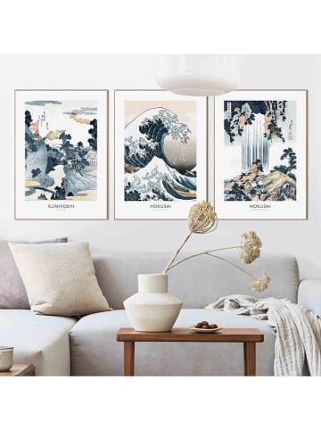 Orangewallz 3er-Set: Gerahmte Kunstdrucke "Hokusai Triptych"