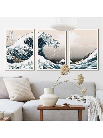 Orangewallz 3er-Set: Gerahmte Kunstdrucke "Hokusai - the great wave"