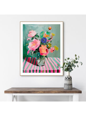 Orangewallz Druk artystyczny "Flower Stripes Pink Green" w ramce