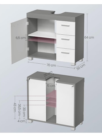 Songmics Wastafelonderkast wit/grijs - (B)70 x (H)64 x (D)30 cm