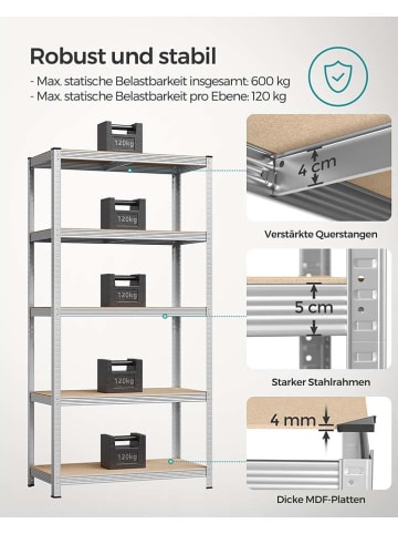 Songmics Standregal in Silber/ Hellbraun - (B)120 x (H)200 x (T)60 cm