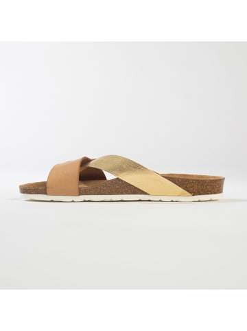 BACKSUN Leder-Pantoletten "Tingo" in Hellbraun/ Gold
