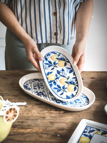 Hermia 2-delige set: serveerplateaus wit/blauw - (L)29 x (B)17 cm