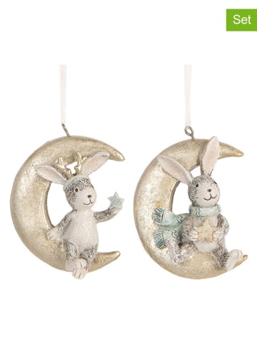 Clayre & Eef 2er-Set: Dekoanhänger "Kaninchen" in Weiß/ Gold - (B)7 x (H)8 cm