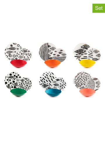 Trendy Kitchen by EXCÉLSA 18-delig tafelservies "Fishes" zwart/wit/meerkleurig