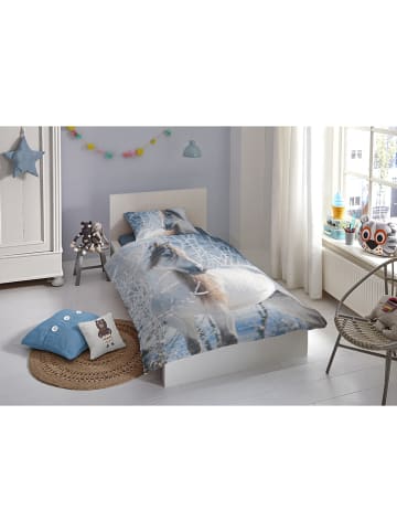 Good Morning Flanellen beddengoedset "White Horse" blauw